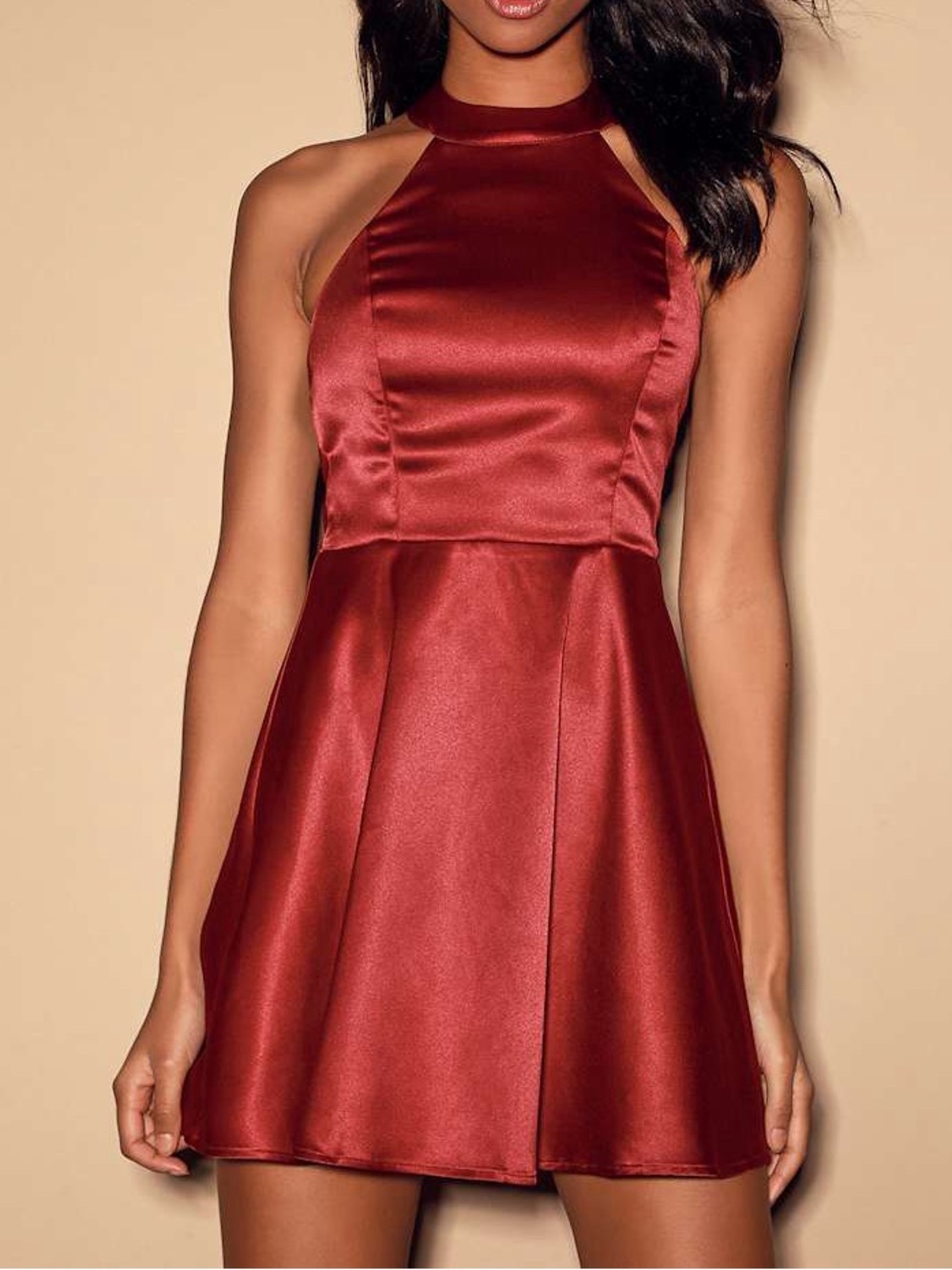 Lulus Paris Romance Burgundy Satin Halter Skater Mini Dress NWT Size XS
